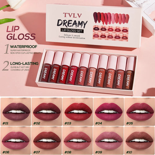 10 Pieces/Set Lip Gloss Velvet Lipstick: Waterproof and Long-Lasting