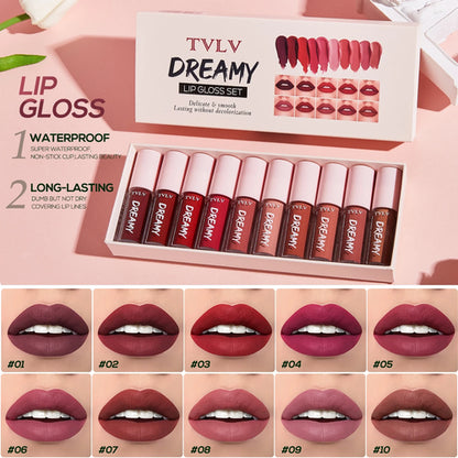 10 Pieces/Set Lip Gloss Velvet Lipstick: Waterproof and Long-Lasting