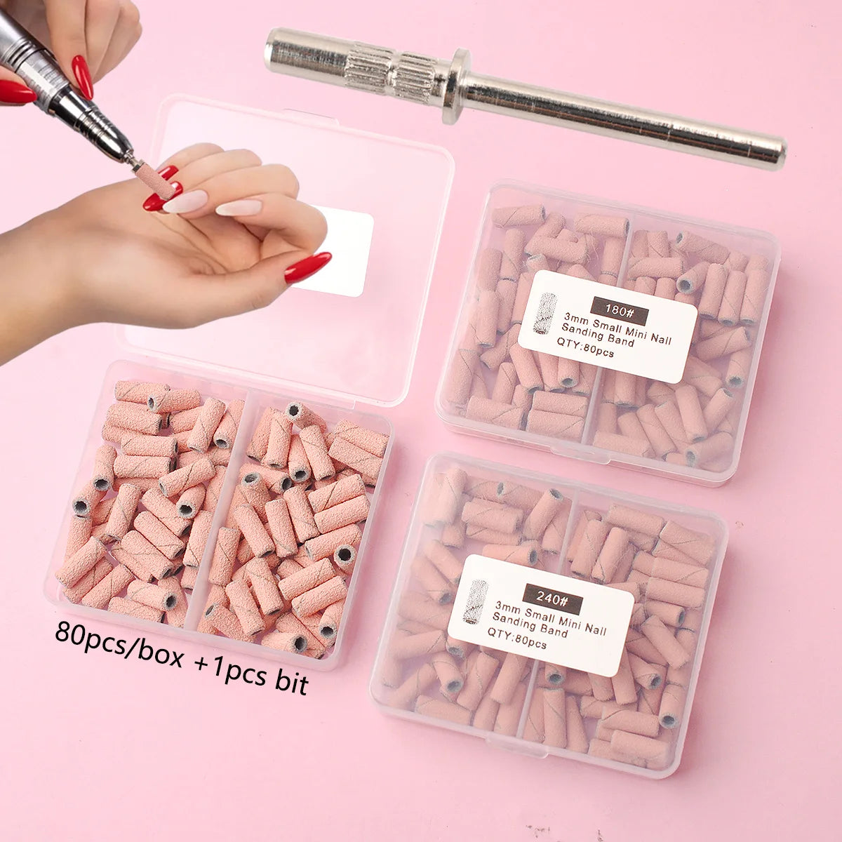 80pcs/box Pink 3.1mm Mini Sanding Bands Kits Nail Drill Bits Mandrel