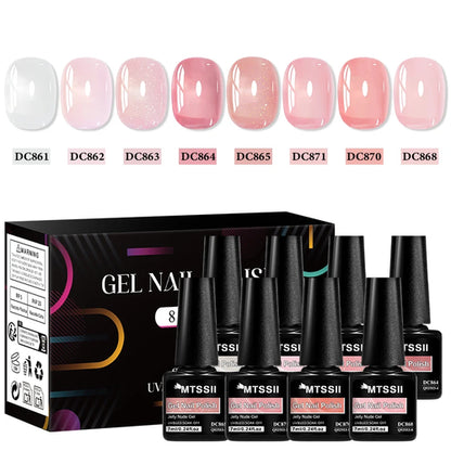 8pcs Nude Jelly Gel Nail Polish Set With Box Translucent Color Semi