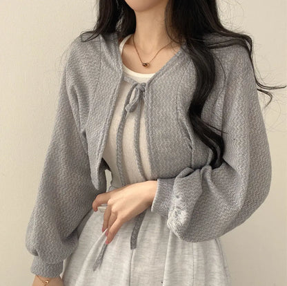 Lucyever White Knitted Cardigan Women Summer Thin Sunscreen Lace-Up Knitwear Tops Female Korean Style Lantern Sleeve Short Coat