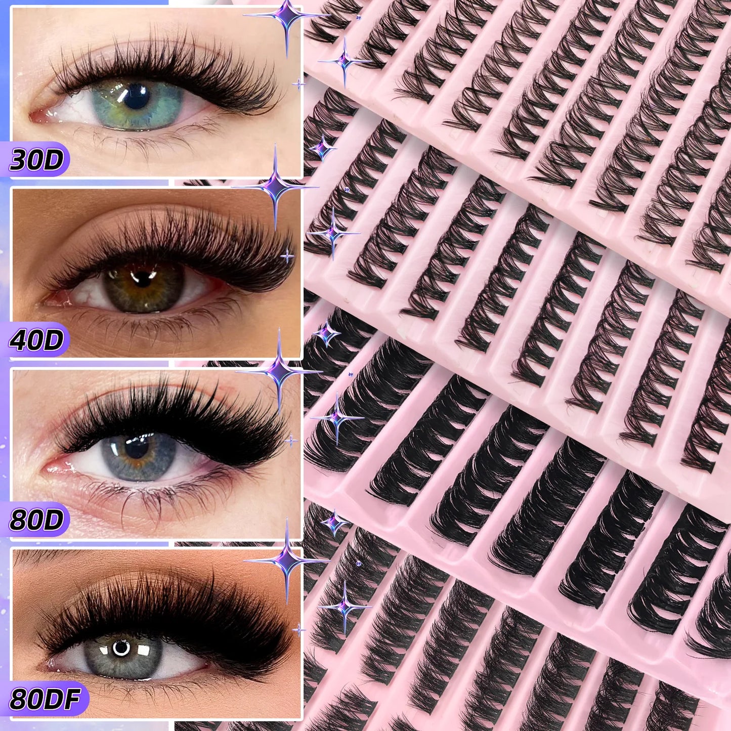 200PCS D Curl Eyelash Cluster Set with 30D40D80D and 80D Spiky Style