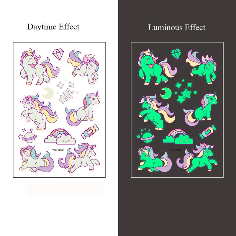 5 Sheets Luminous Tattoo Stickers Temporary Colorful Animal Dinosaur