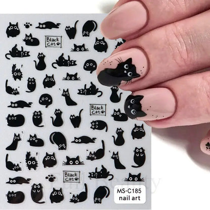 2pcs Black Cat Nail Stickers 3D Cute Cartoon Animal 3D Self-Adhesive