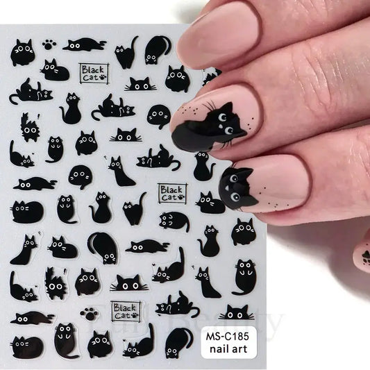 2pcs Black Cat Nail Stickers 3D Cute Cartoon Animal 3D Self-Adhesive