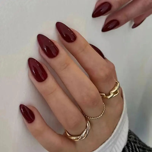 ARTAUG 24PCS Press On Nails Short Almond Wine Red High Saturation Fake