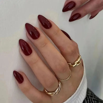ARTAUG 24PCS Press On Nails Short Almond Wine Red High Saturation Fake