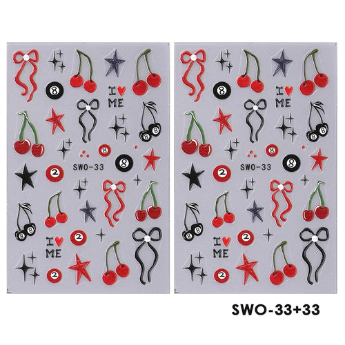 2pcs Sweet Element Nail Art Stickers Simple Flower Heart Cherry