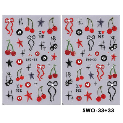 2pcs Sweet Element Nail Art Stickers Simple Flower Heart Cherry