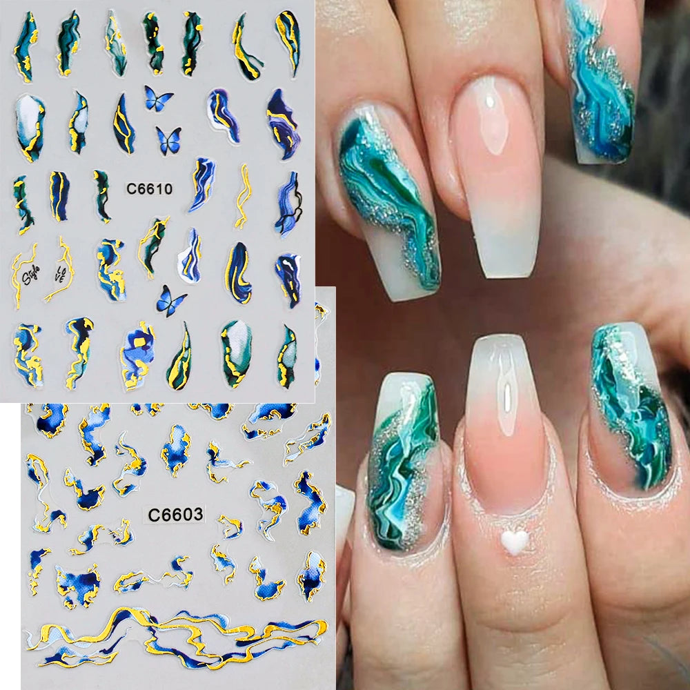 1Pcs 3D Blue Purple Marble Stripe Nail Art Stickers Bronzing Wave Line