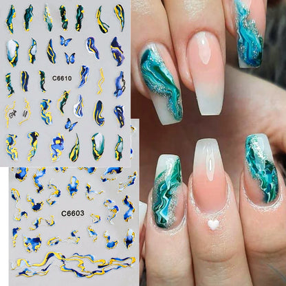 1Pcs 3D Blue Purple Marble Stripe Nail Art Stickers Bronzing Wave Line