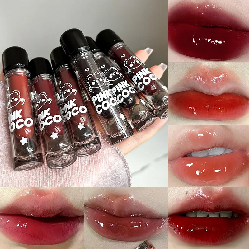 PINKCOCO Bear Doodle Mirror Lip Glaze — Long-Lasting Shiny Lip Gloss,