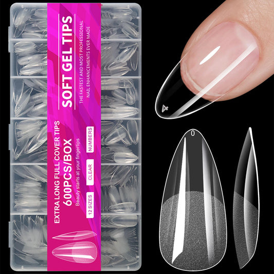 100/600Pcs Short Almond Nail Tips Soft Gel Nail Tips Full Cover False