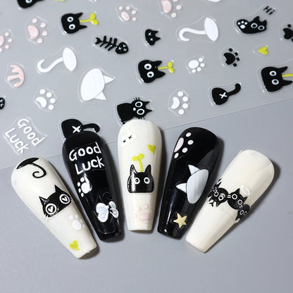2pcs Black Cat Nail Stickers 3D Cute Cartoon Animal 3D Self-Adhesive