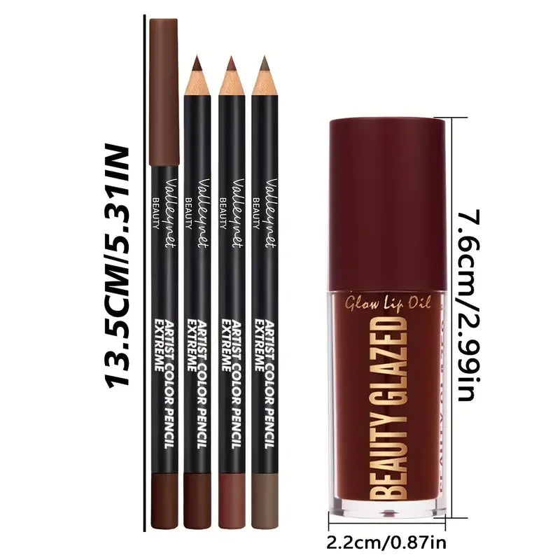 4pcs Dark Brown Lip Kit - Lip Liner + Lip Glaze, Waterproof &