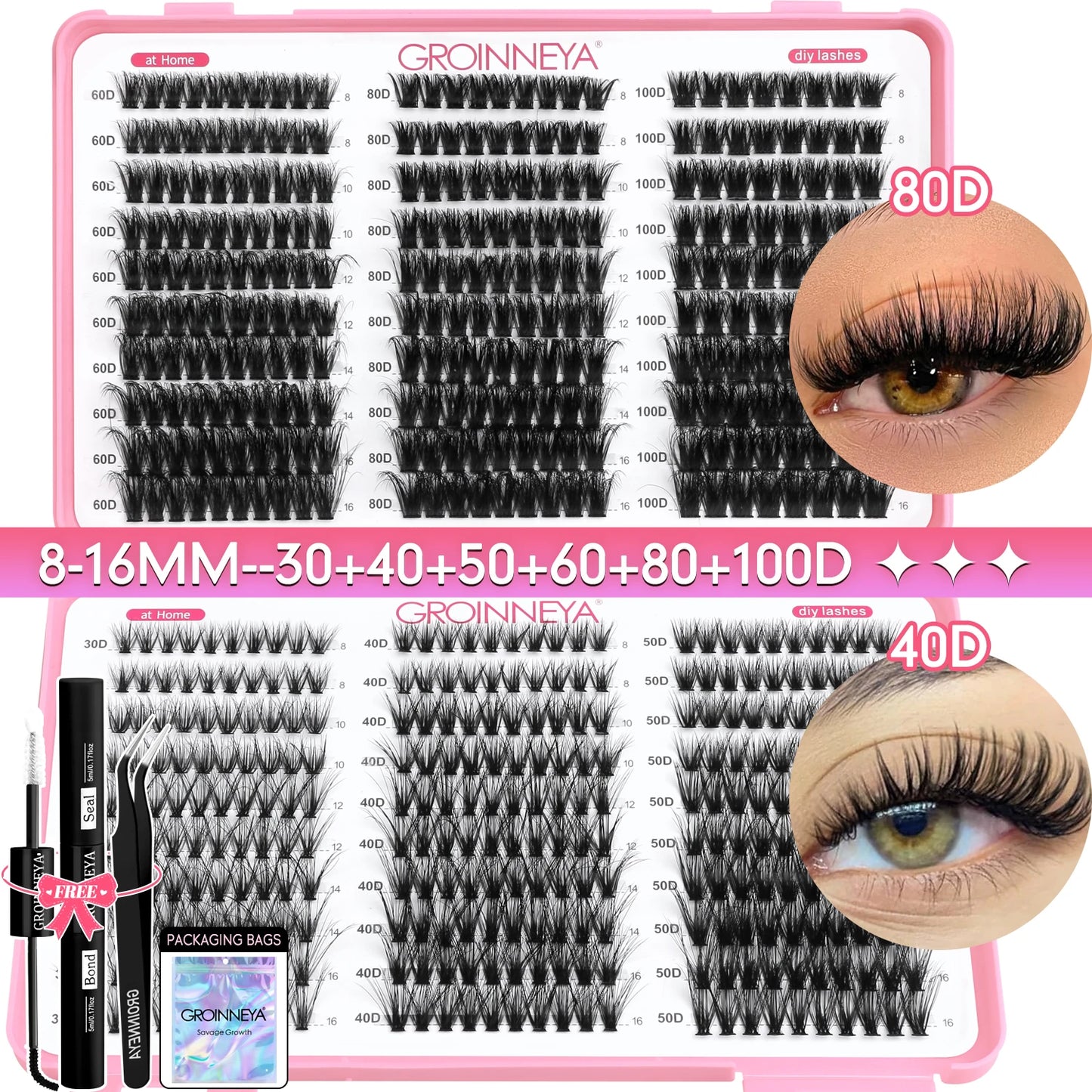 GROINNEYA DIY Lash Clusters Kit Mixed Tray Eyelash Extension Full Set