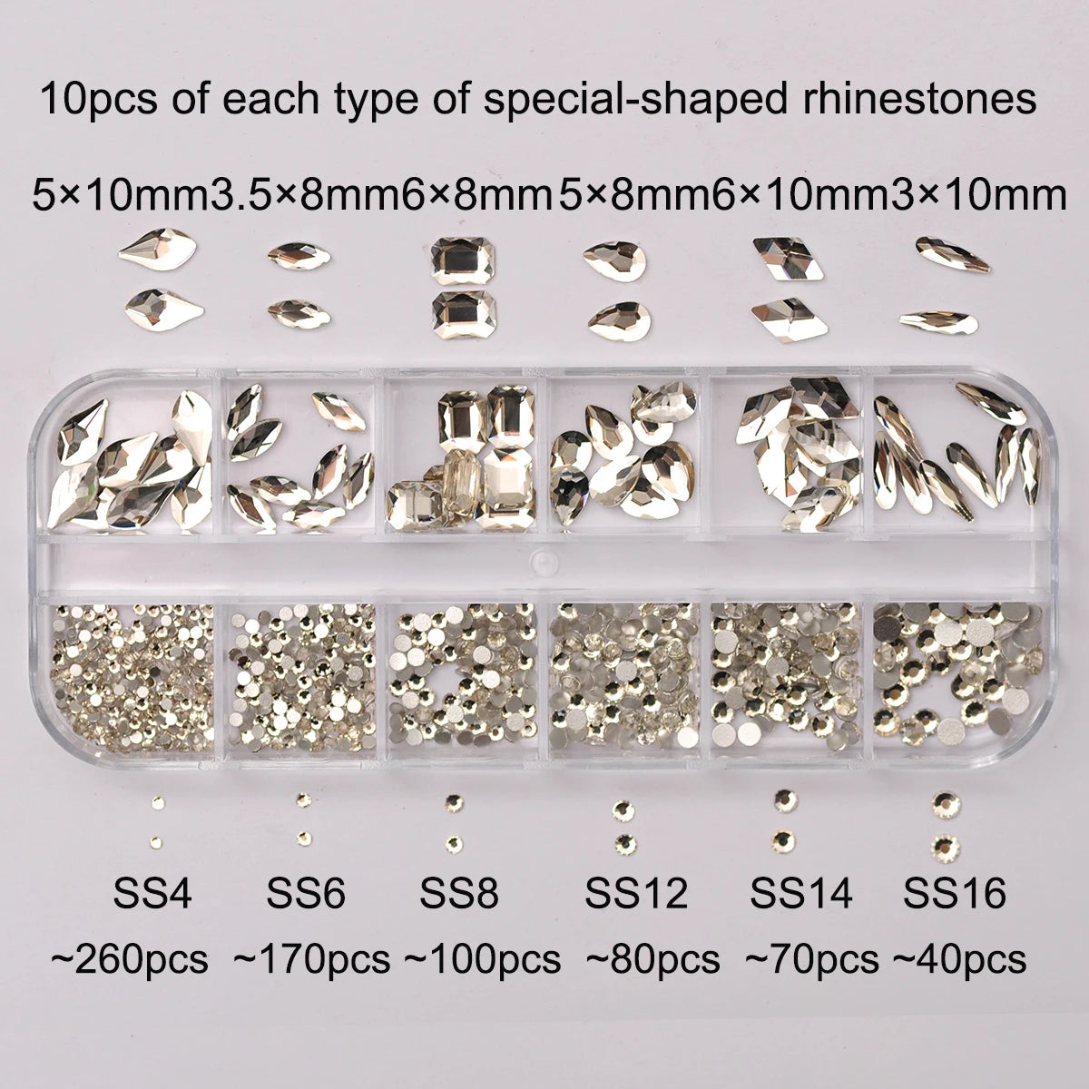 12 Grids Clear Mixed Sizes Nail Art Rhinestones Crystal 3D Glitter Non