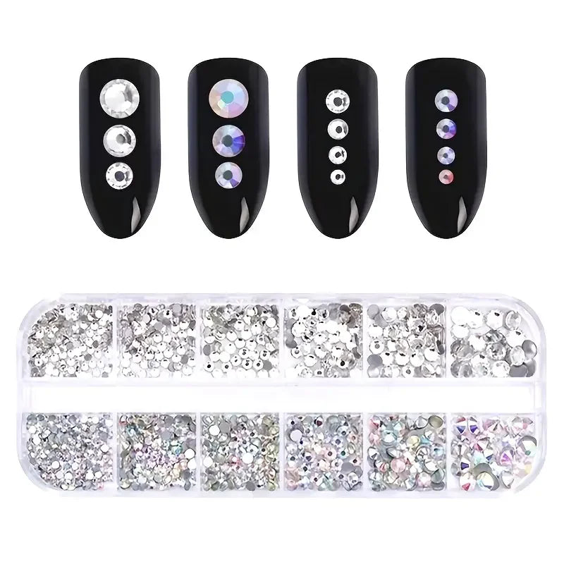 Boxed 3D Flat Back Nail Rhinestones Nail Gems Glass AB & Clear Crystal