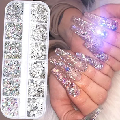 Boxed 3D Flat Back Nail Rhinestones Nail Gems Glass AB & Clear Crystal