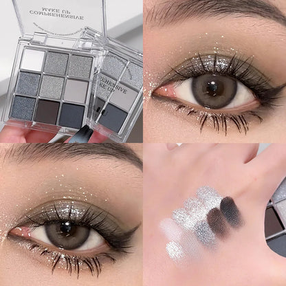 9 Colors Eyeshadow Palette Cheap Korean Makeup High Quality Professional Dark Metal Punk Smoky Eye Gray Black  Shadow Palette