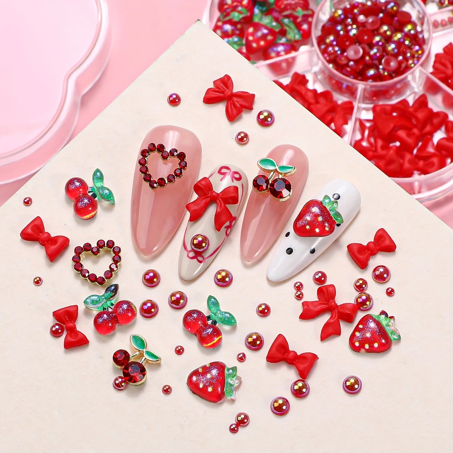 100PCS Random Mixed Strawberry Flowers Nail Charms Sweet Resin