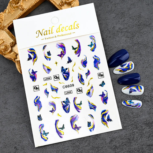 1Pcs 3D Blue Purple Marble Stripe Nail Art Stickers Bronzing Wave Line