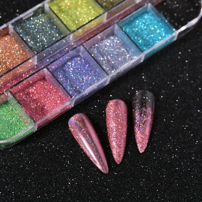 Holographic Powder Set Holo Silver Rub Dust Black Pink Chrome Nail
