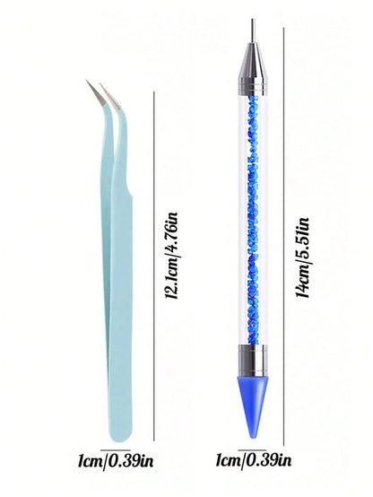 2Pcs set of manicure double-ended diamond pens with crayons stainless