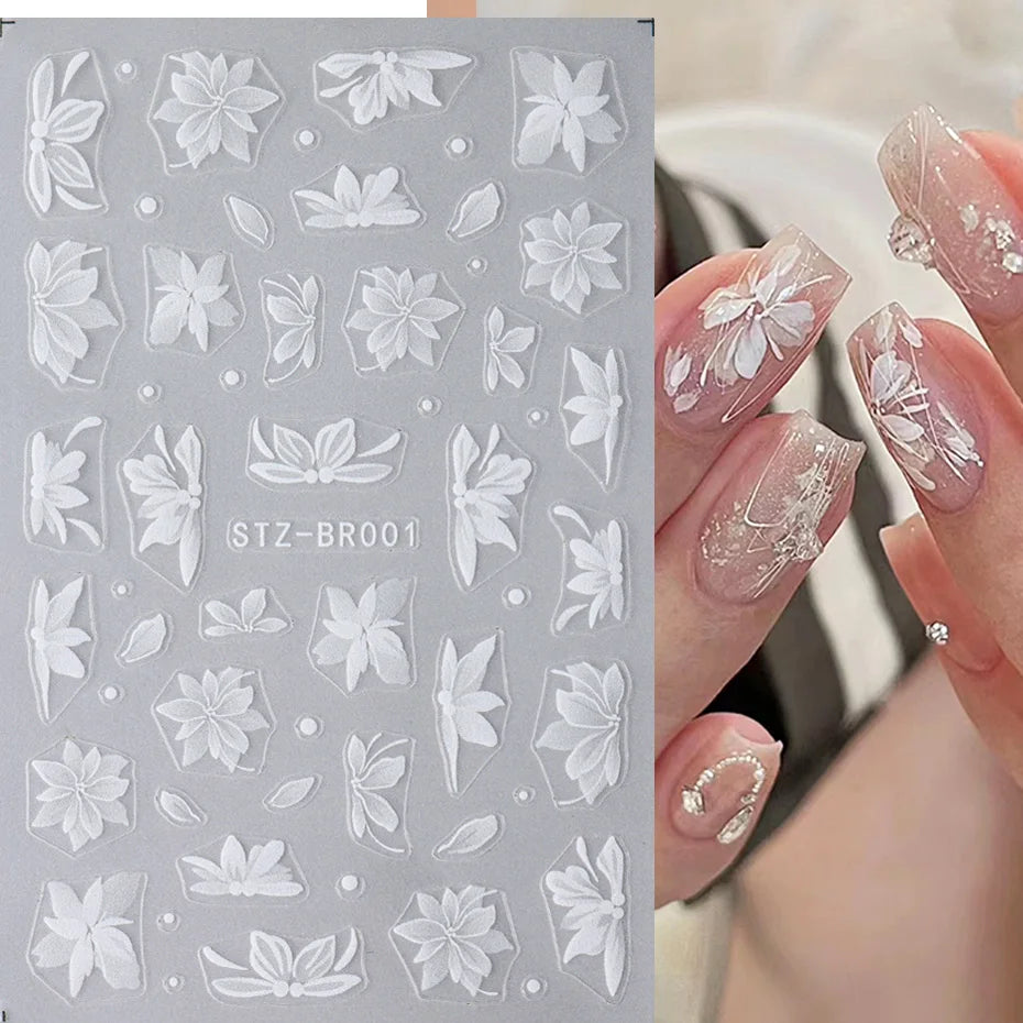 3D White Flower Nail Art Stickers Cute Floral Adhesive Sliders Acrylic