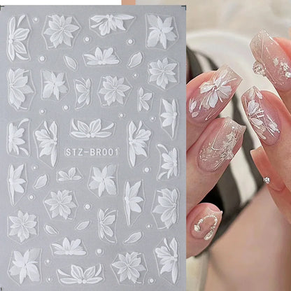 3D White Flower Nail Art Stickers Cute Floral Adhesive Sliders Acrylic