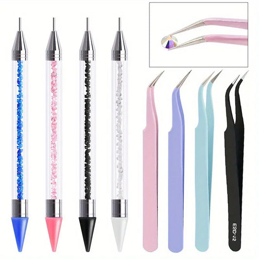 2Pcs set of manicure double-ended diamond pens with crayons stainless
