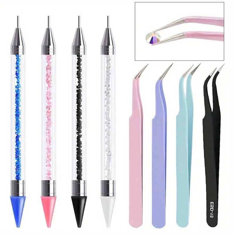 2Pcs set of manicure double-ended diamond pens with crayons stainless