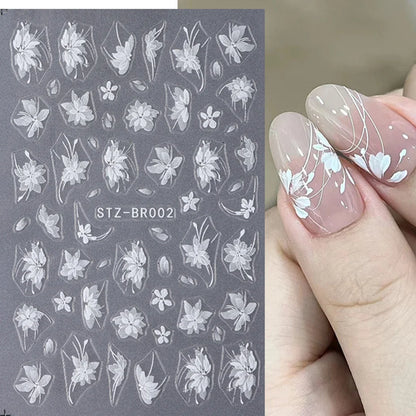 3D White Flower Nail Art Stickers Cute Floral Adhesive Sliders Acrylic