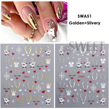 2pcs Gold Silver Christmas 3D Nail Stickers Reflective Glitter Xmas