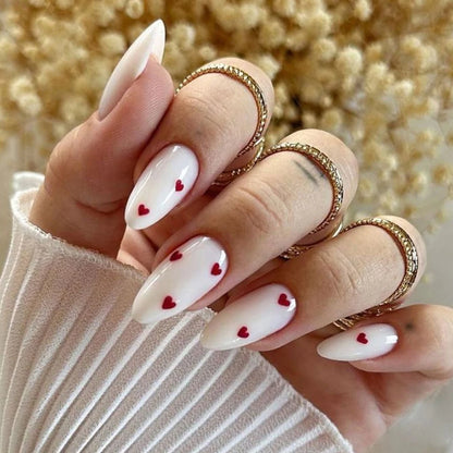 24 PCs Long Almond Shaped French Heart Nails with 1 Jelly Gel and 1