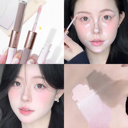 The dual-head highlighter brightens the complexion, regulates facial