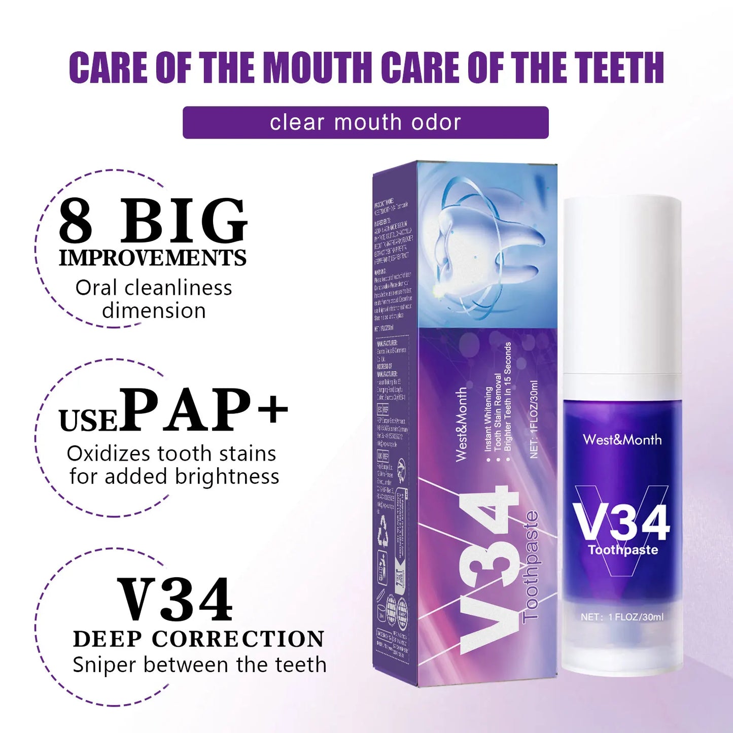 V34 Teeth Whitening Toothpaste 30ml Intensive Stain Remover for Yellow