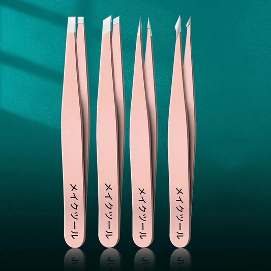 4 Sets of Pink Tweezers for Daily Cleaning of Eyebrows, Eyelashes and