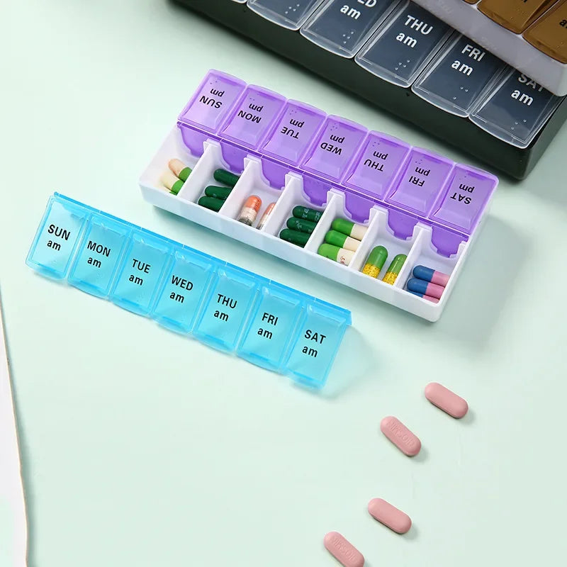 Weekly Pill Box Organizer Cases Portable Pillbox 7 Days 14 Grids Pills