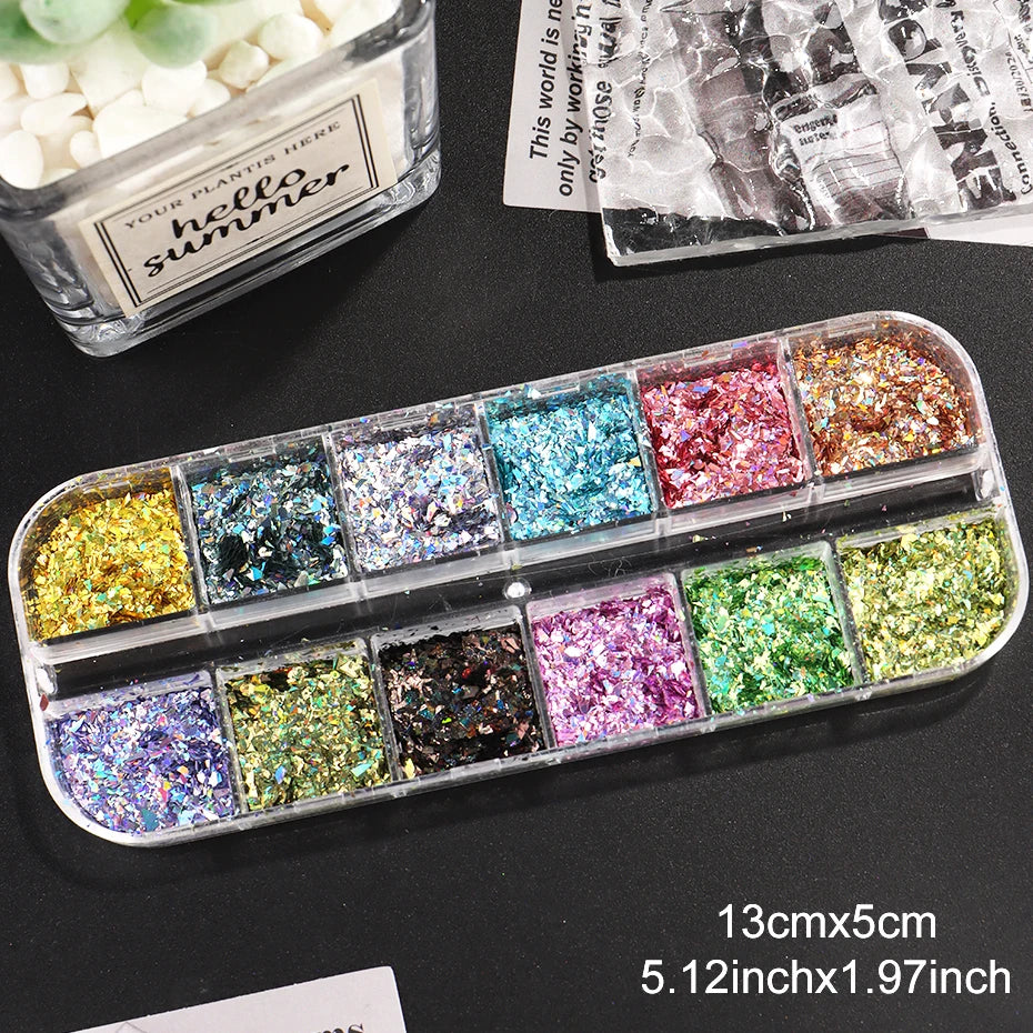 12 Grids Holographic Glitter Nail Art Sequins Sparkly Irregular Nail