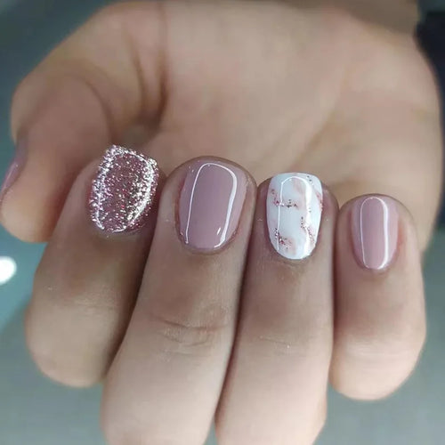 24 PCs Short French Glossy Glitter Nails with 1 Jelly Gel and 1 Nail