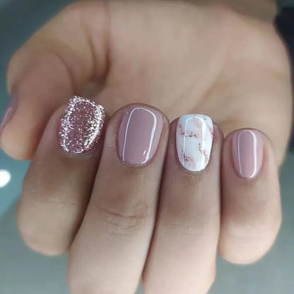 24 PCs Short French Glossy Glitter Nails with 1 Jelly Gel and 1 Nail