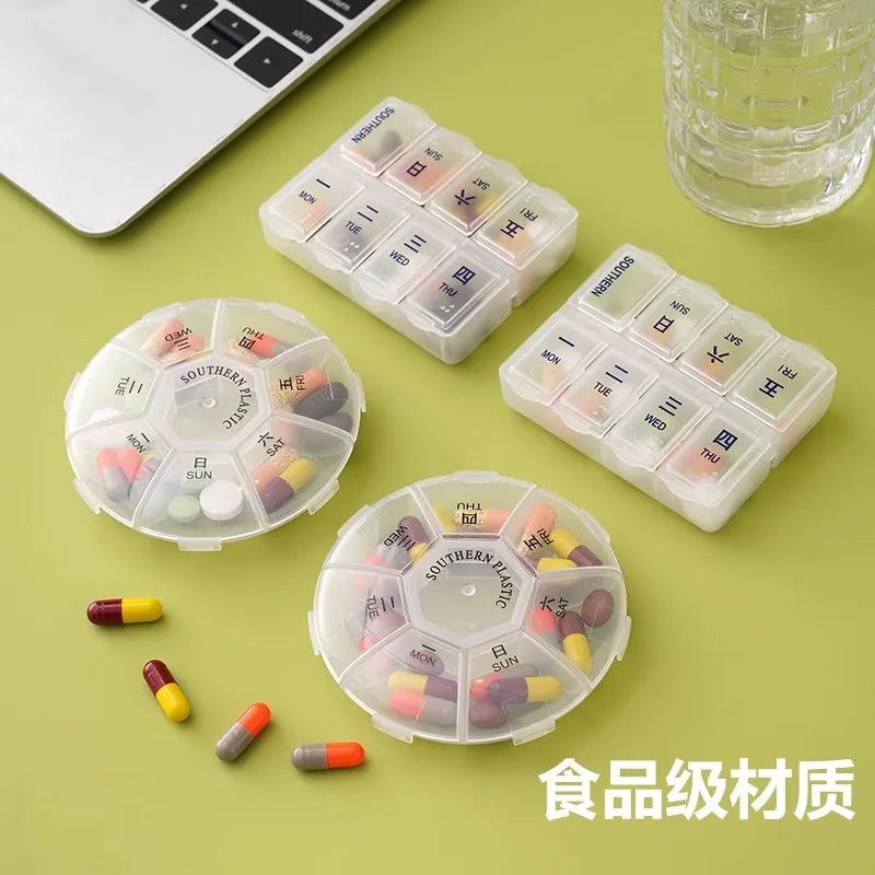 1Pcs Round Pill Case Plastic 7 Days Weekly Tablet Candy Box Portable