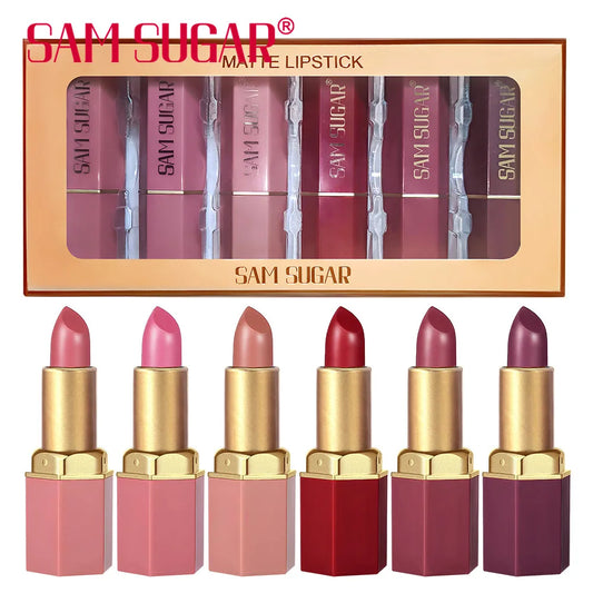 6 Colors Gold Bar Tube Lipstick Matte Texture Pearlescent Glitter