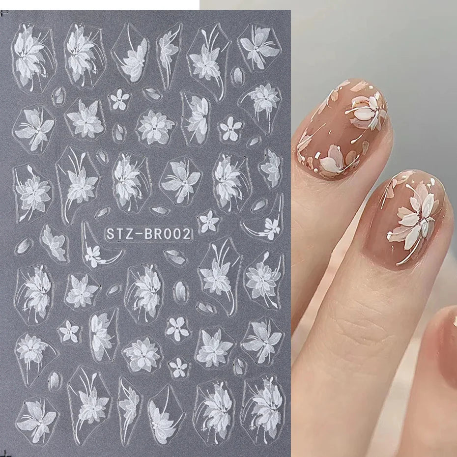 3D White Flower Nail Art Stickers Cute Floral Adhesive Sliders Acrylic