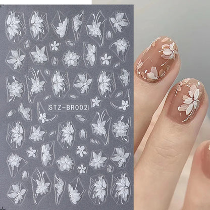3D White Flower Nail Art Stickers Cute Floral Adhesive Sliders Acrylic