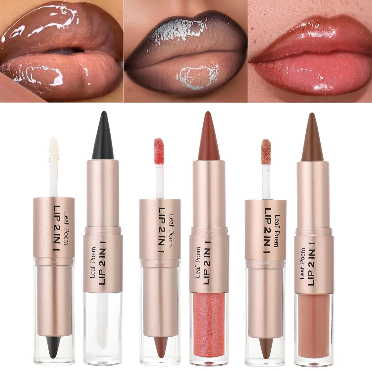 2IN1 Tapered Gradient Lipliner Pen Nude Brown Mirror Glass Lip Gloss
