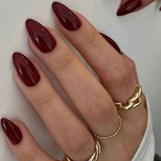 ARTAUG 24PCS Press On Nails Short Almond Wine Red High Saturation Fake