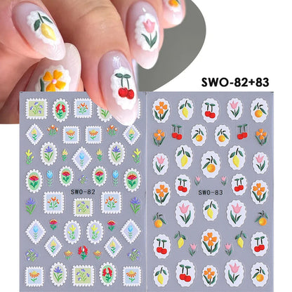 2pcs Sweet Element Nail Art Stickers Simple Flower Heart Cherry