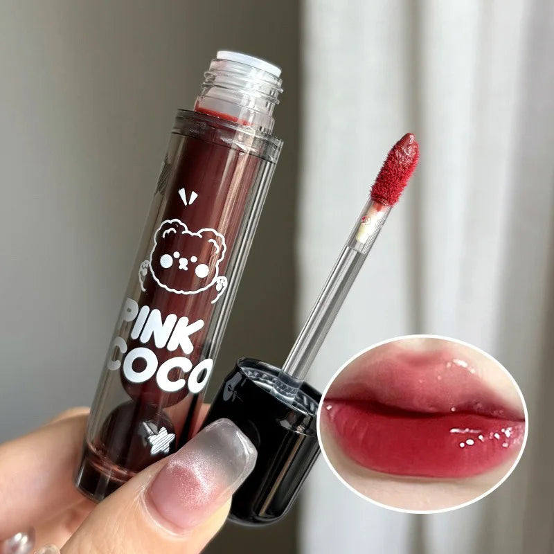 PINKCOCO Bear Doodle Mirror Lip Glaze — Long-Lasting Shiny Lip Gloss,